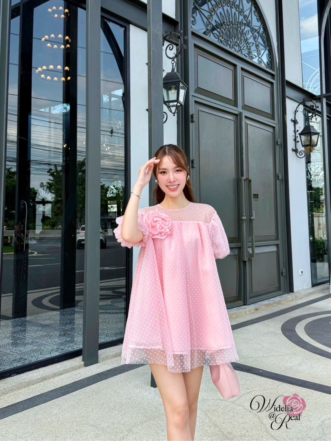 Korea Dress เดรสทรงปล่อย แขนพอง (ชมพู)