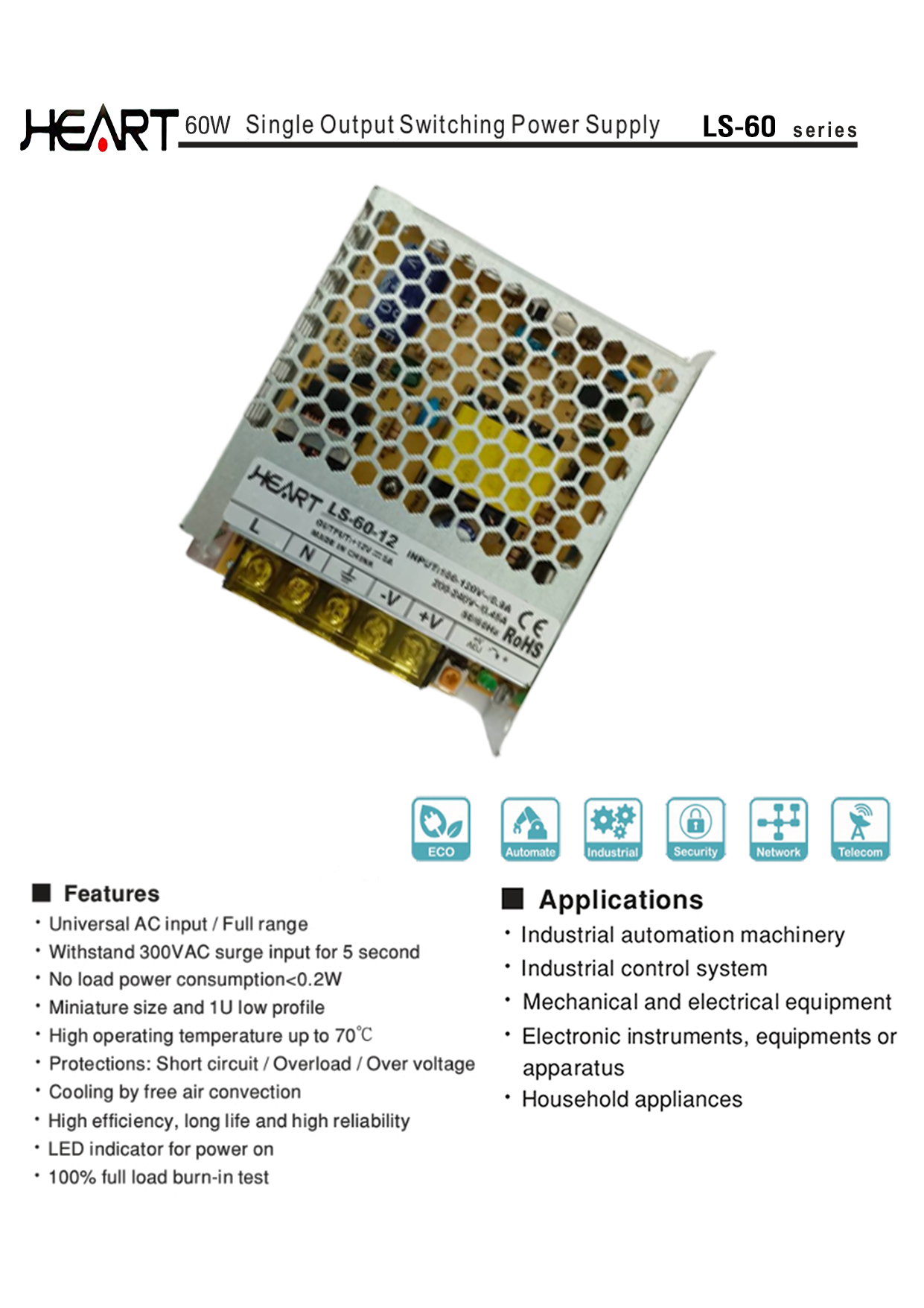 HEART LS-60-12 Switching Power Supply 12V 5A BY BILLIONAIRE SECURETECH LS-60-12