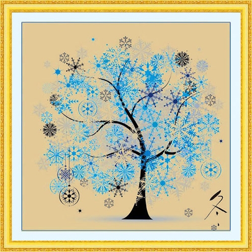tree-1049 *พร้อมส่ง* ชุดปักครอสติช ลายต้นไม้ในฤดูหนาว (ผ้าสีน้ำตาลอ่อน ไหมเงา ไม่มีเดินเส้น) ขนาด 49*49 ซม.ผ้าครอสติช 11CTพิมพ์ลายปักบนผ้า ไหมเงา silk 16 สี ผังลาย เข็ม