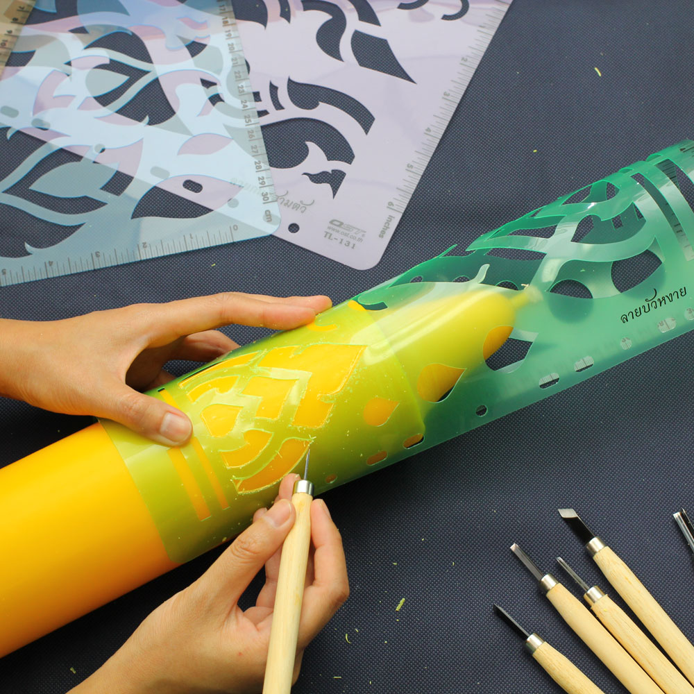 แผ่นประดิษฐ์ลายไทย เทมเพลตลายไทย ลายกนกสามตัว