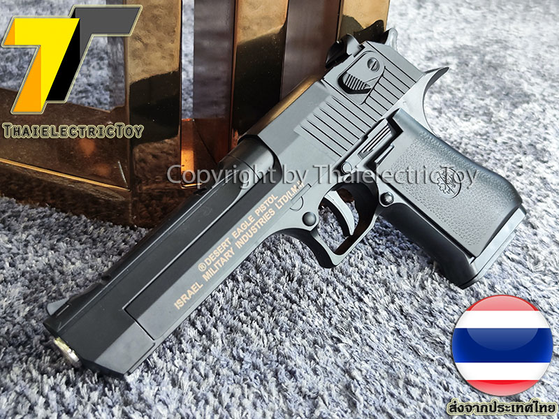 ปืนอัดลมพลาสติก Desert Eagle ชักยิงทีล่ะนัด นกสับได้ ลำกล้องยาว 7.5 นิ้ว หนัก 407 กรัม ใช้ลูกกระสุนพลาสติก 6 มิล (เป็นโลหะเฉพาะสไลน์ท่อนหลังเท่านั้น)