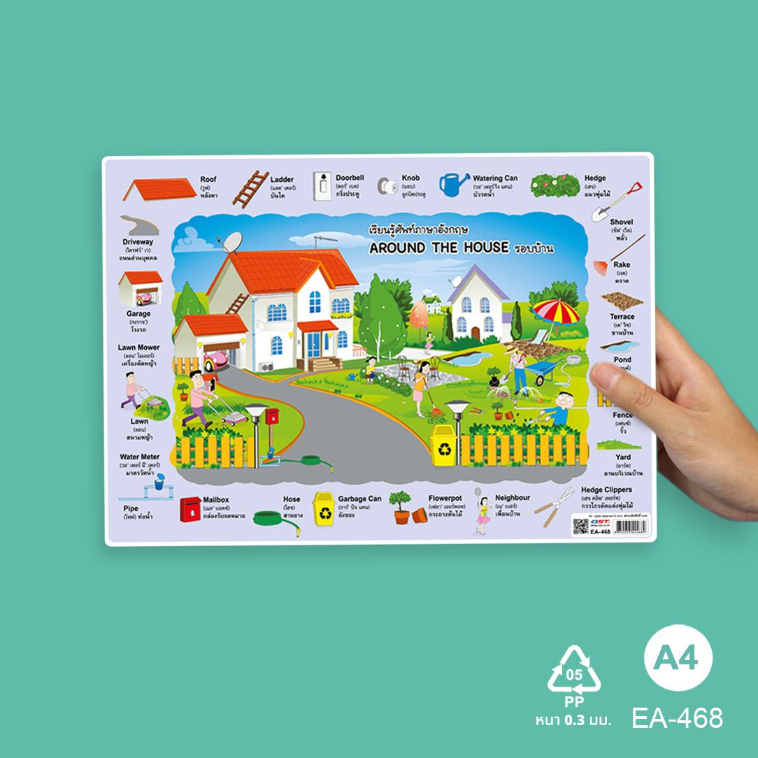 โปสเตอร์ความรู้ ป้ายนิเทศA4 คำศัพท์2ภาษา ไทย-อังกฤษ Around The House รอบบ้าน EA-468