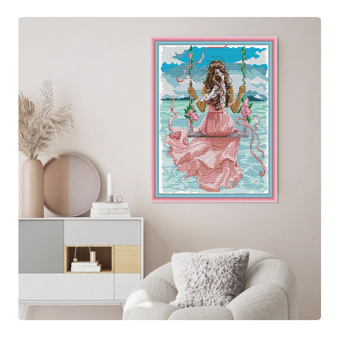 lady-1127 *สินค้าหมด* ชุดปักครอสติช ลายชิงช้าริมทะเล (ผ้า14CTพิมพ์ลาย ปัก 2 เส้นเล็ก) ขนาด 27*34 ซม.ผ้าครอสติช 14CTพิมพ์ลายปักบนผ้า ไหมคอตตอน 41 สี ผังลาย เข็ม