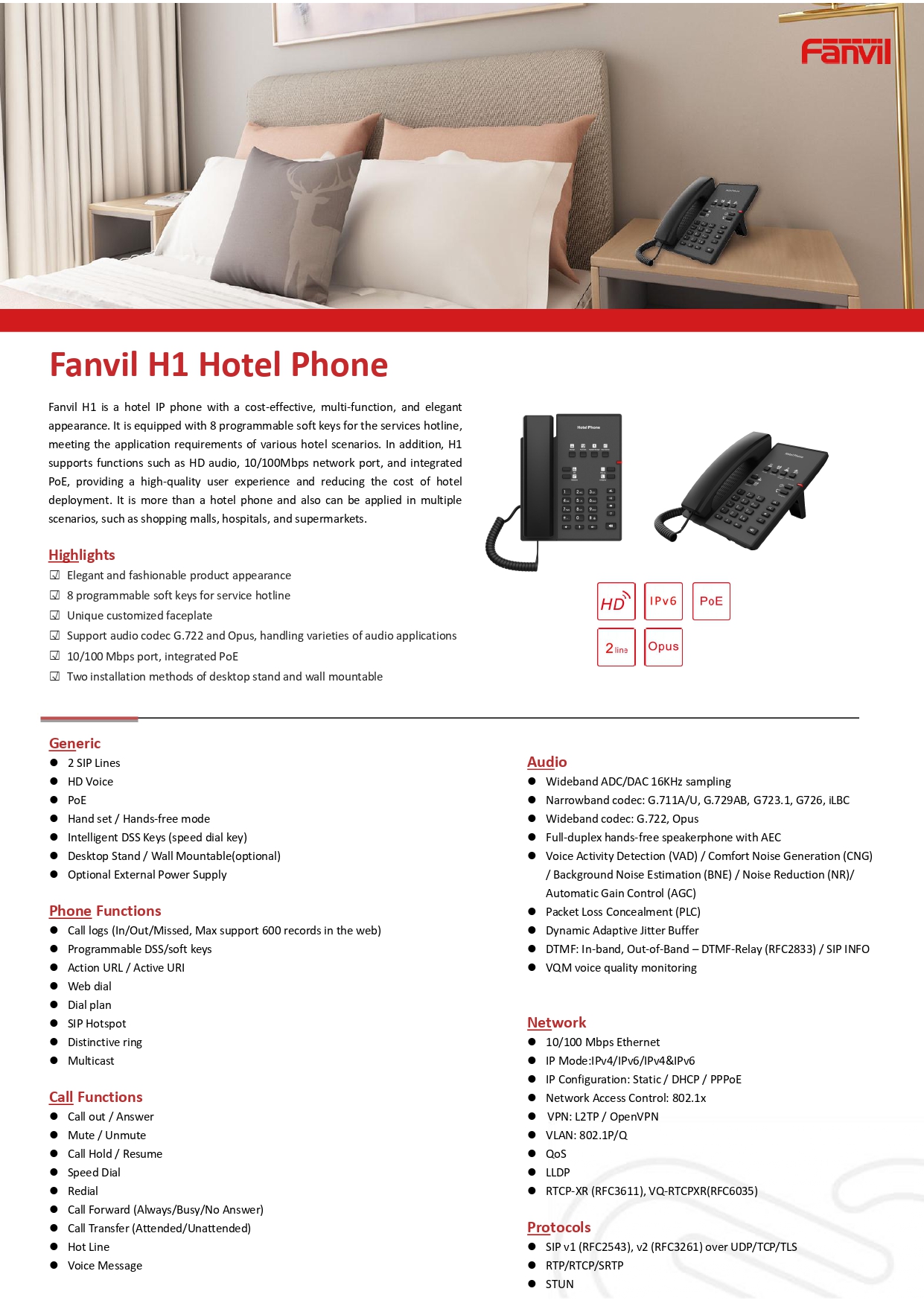 Fanvil รุ่น H1 Hotel Phone โทรศัพท์โรงแรมใช้งานได้หลากหลาย