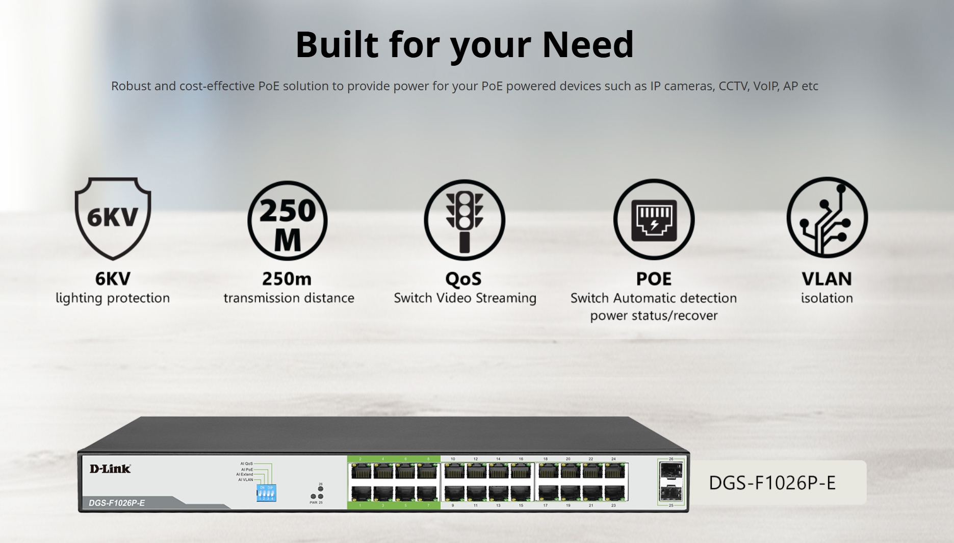 D-LINK DGS-F1026P-E : 250M 26-Port Unmanaged Gigabit Switch with 24 PoE Ports (250W) and 2 SFP Uplink Ports BY BILLIONAIRE SECURETECH DGS-F1026P-E