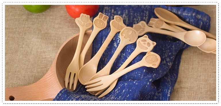 Wooden Cartoon Spoon and Fork set ช้อนไม้สลักลายการ์ตูน