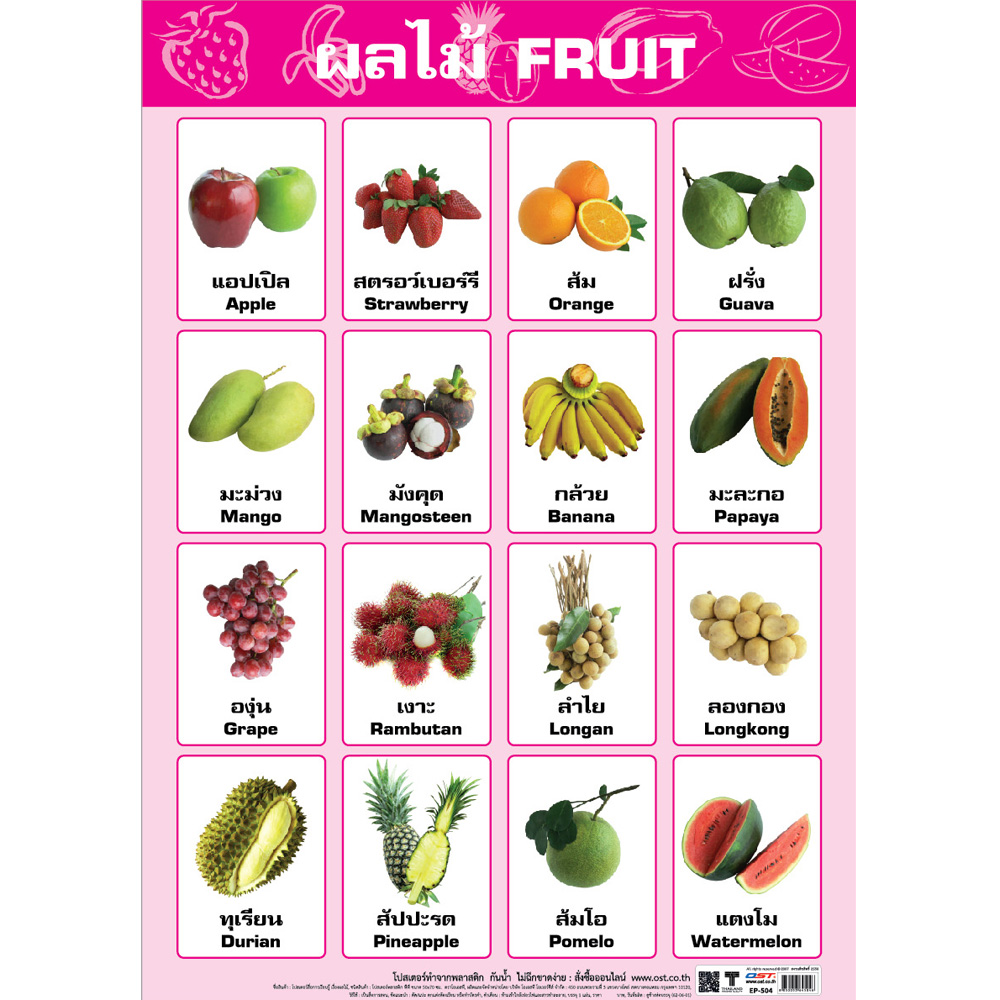 Fruits names in Thai-English Educational Posters