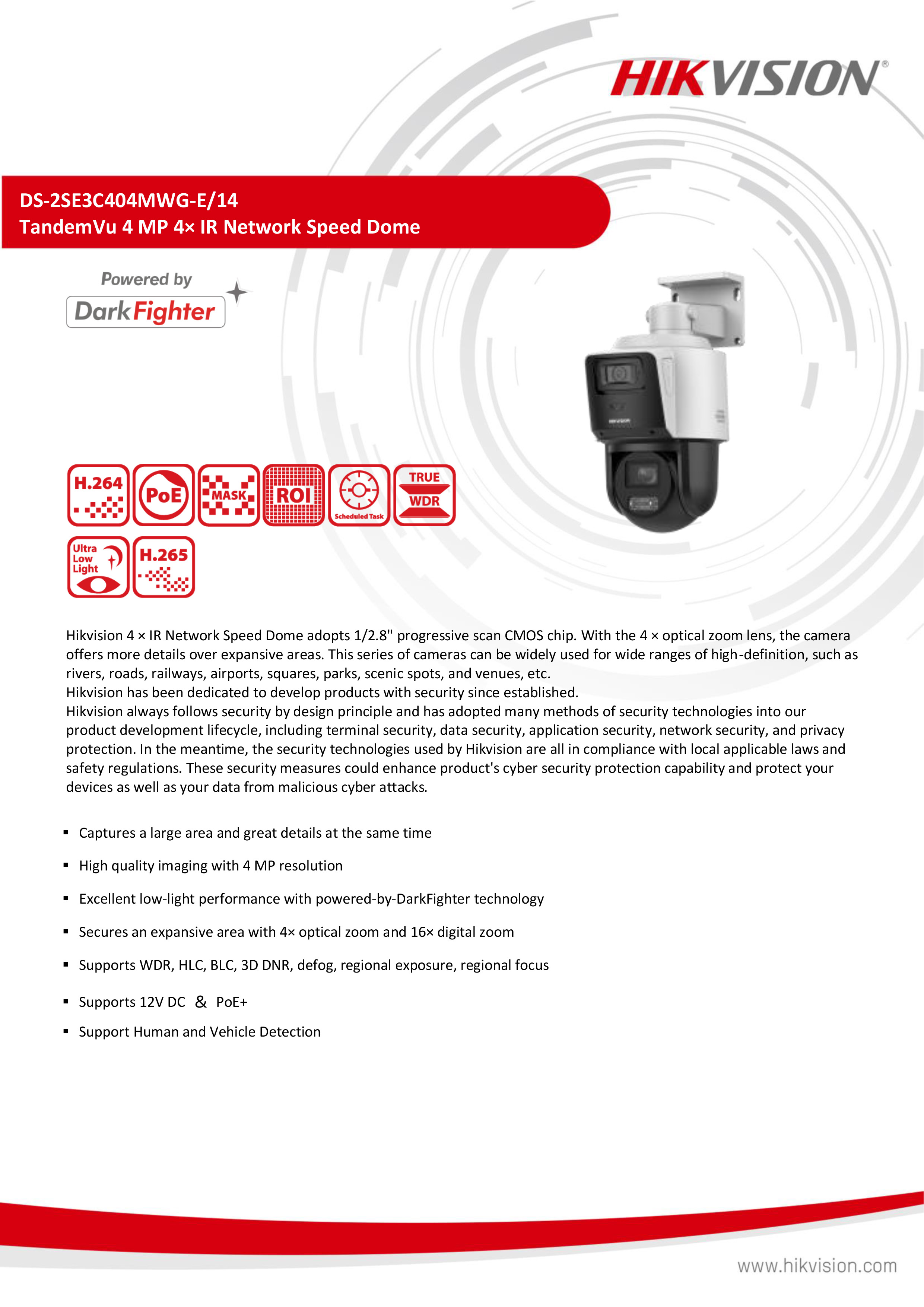 HIKVISION DS-2SE3C404MWG-E/14 (2.8 , 2.8-12 mm.) กล้องวงจรปิดระบบ IP TandemVu 4MP+4MP 4X POE PTZ มีไมค์และลำโพงในตัว BY BILLIONAIRE SECURETECH DS-2SE3C404MWG-E/14