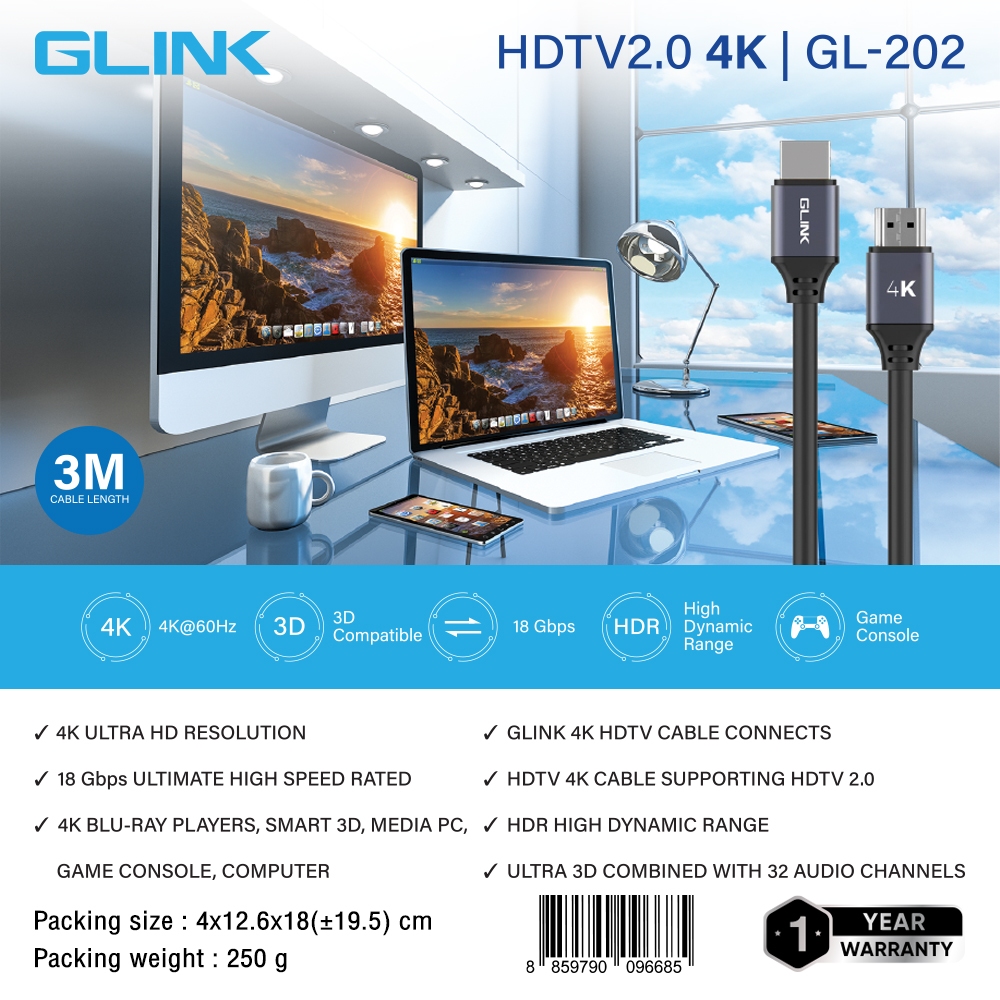 GLINK GL202-3M : Cable HDMI2.0 4K 60Hz 18Gbps. ความยาว 3 เมตร BY BILLIONAIRE SECURETECH GLINK GL202-3M