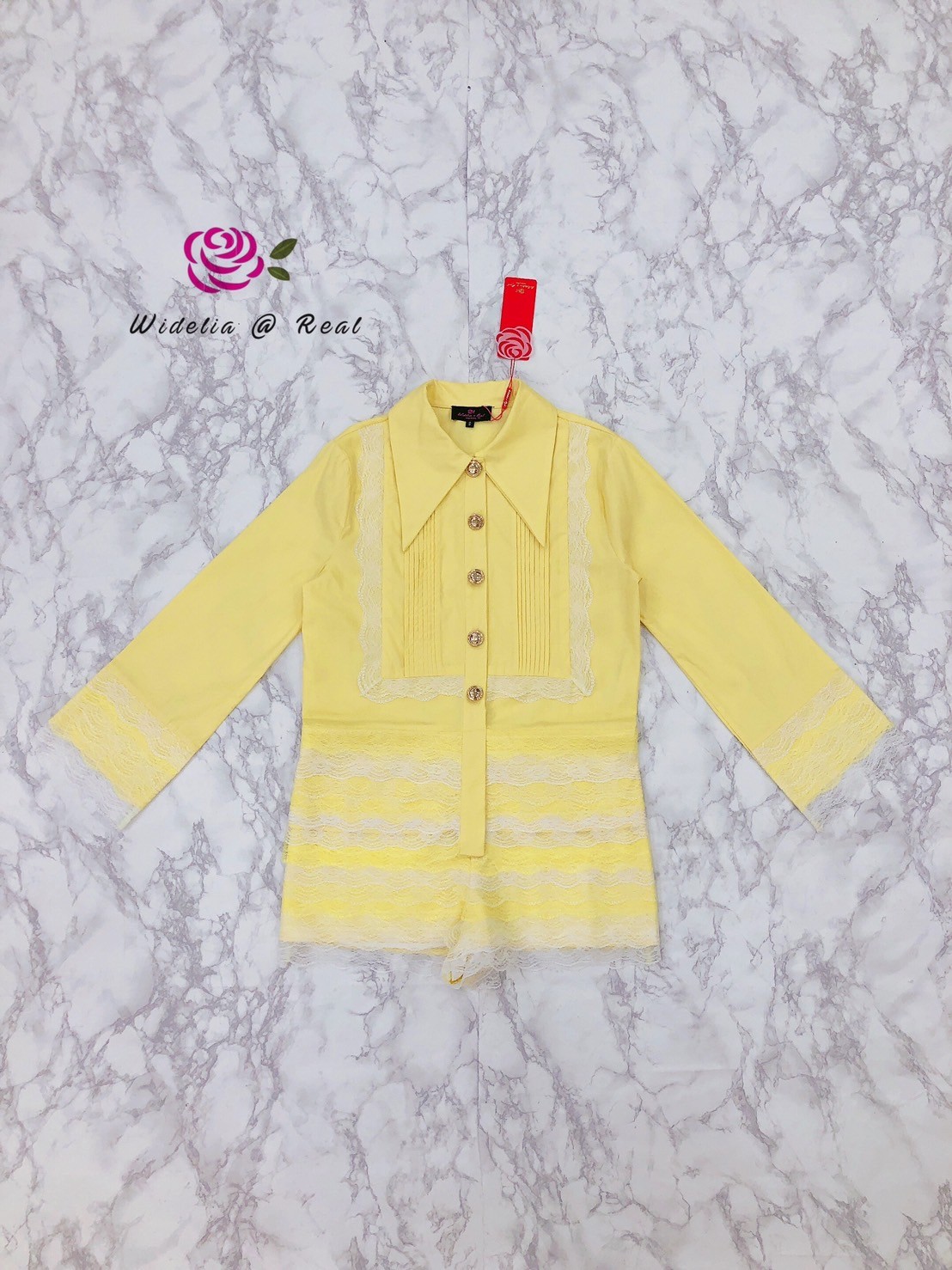 Janesuda Jumpsuit จั้มสูทลูกไม้ขาสั้นแสนสวย (เหลือง)