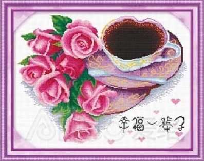 tea-1021 *สินค้าหมด* ลายช่อกุหลาบกับชุดกาแฟ ขนาด 49*40 ซม.ผ้าครอสติช 11CTพิมพ์ลายปักบนผ้า ไหมคอตตอน 36 สี ผังลาย เข็ม