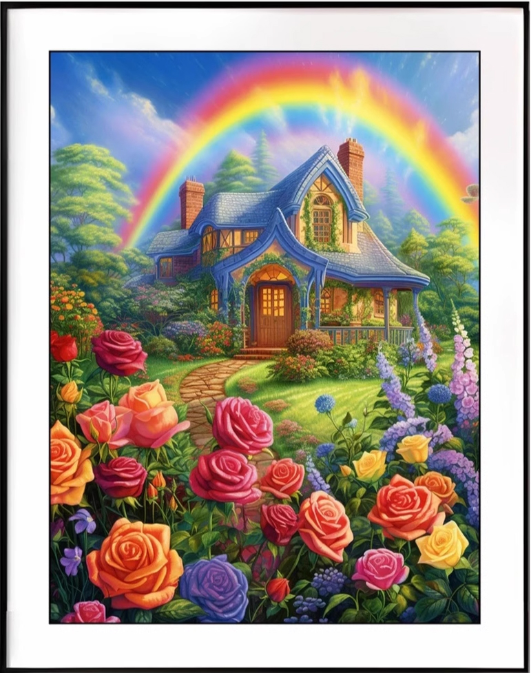 home-1116 *สินค้าหมด* ชุดปักครอสติช ลายบ้านสวนกุหลาบสายรุ้ง (ปักเต็มผืนผ้า ไม่มีเดินเส้น ผ้า9CTพิมพ์ลาย ปัก 4 เส้นเล็ก) ขนาด 60*80 ซม.ผ้าครอสติช 9CTพิมพ์ลายปักบนผ้า ไหมคอตตอน 64 สี ผังลาย เข็ม