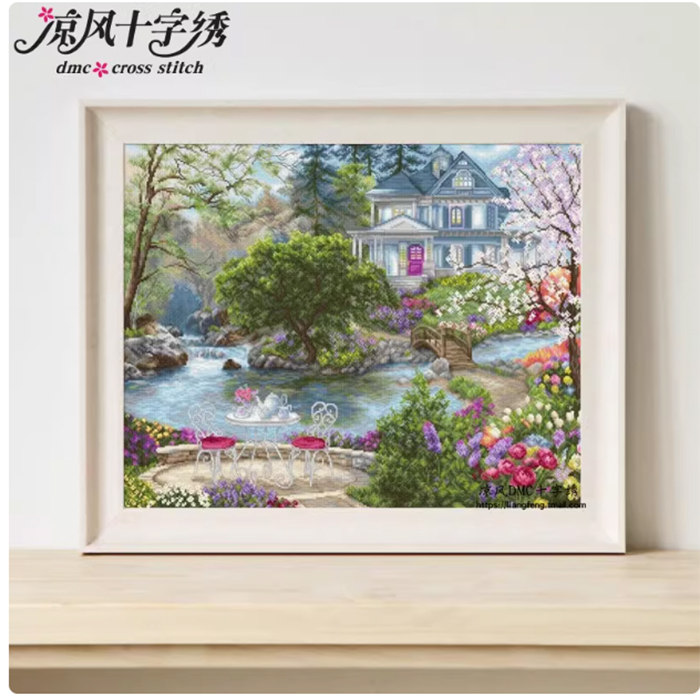 home-1136 *สินค้าหมด* ชุดปักครอสติช ลายบ้านใหญ่ในสวนสวย (ปักเต็มผืนผ้า ไม่มีเดินเส้น ผ้า14CTพิมพ์ลาย ปัก 2 เส้นเล็ก) ขนาด 62*52 ซม.ผ้าครอสติช 14CTพิมพ์ลายปักบนผ้า ไหมคอตตอน 60 สี ผังลาย เข็ม