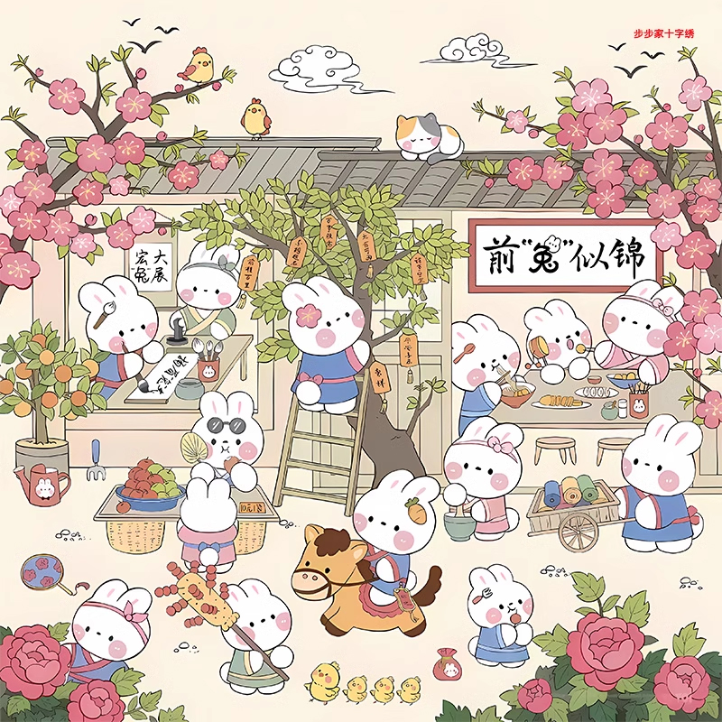 rabbit-1055 *สินค้าหมด* ชุดปักครอสติช ลายครอบครัวกระต่าย (ปักเต็มผืนผ้า ไม่มีเดินเส้น ผ้าตาใหญ่ ปักครั้งละ 4 เส้นเล็ก ผังลายมีไม่ครบ ขาดแถว 120-173 ดูจากผ้าพิมพ์ได้ ) ขนาด 60*60 ซม.ผ้าครอสติช 9CTพิมพ์ลายปักบนผ้า ไหมคอตตอน 30 สี ผังลาย เข็ม
