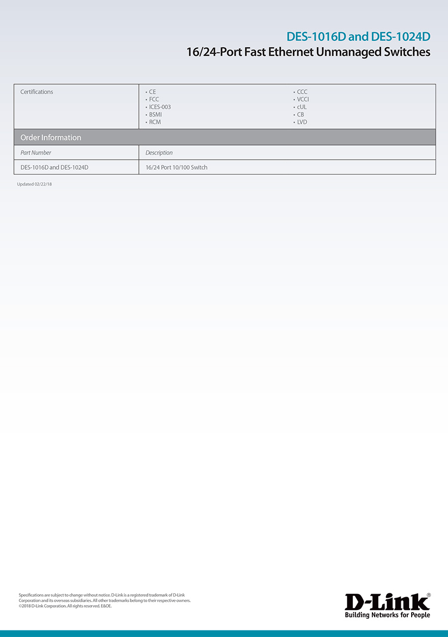 D-LINK DES-1016D 16-Port Fast Ethernet Unmanaged Desktop Switch BY BILLIONAIRE SECURETECH DES-1016D