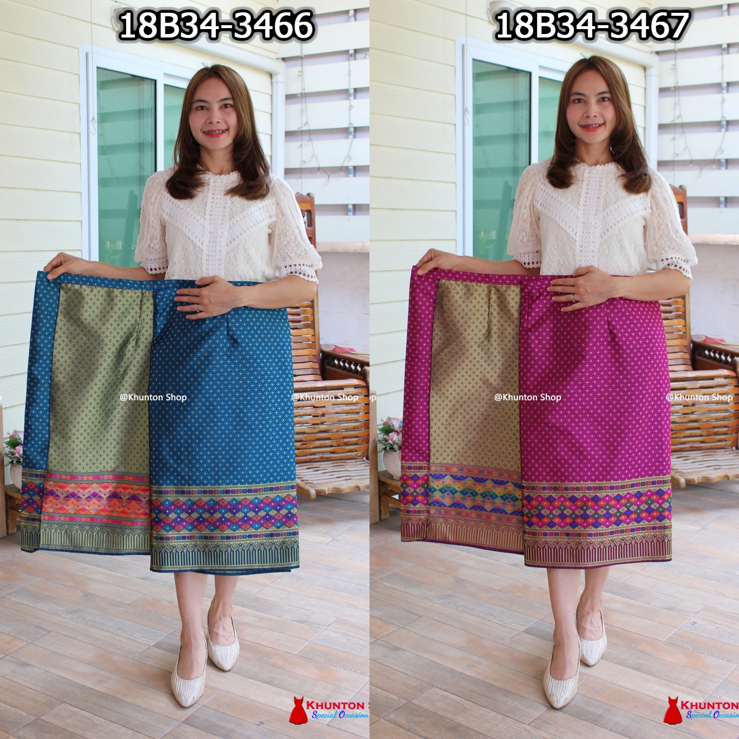 18B-34 ผ้าถุงสำเร็จ ผ้าซิ่นลาว เย็บสำเร็จแบบป้ายติดตะขอ ผ้าทอยกขิดลาวทอลายทั้งผืน เนื้อไหมสังเคราะห์