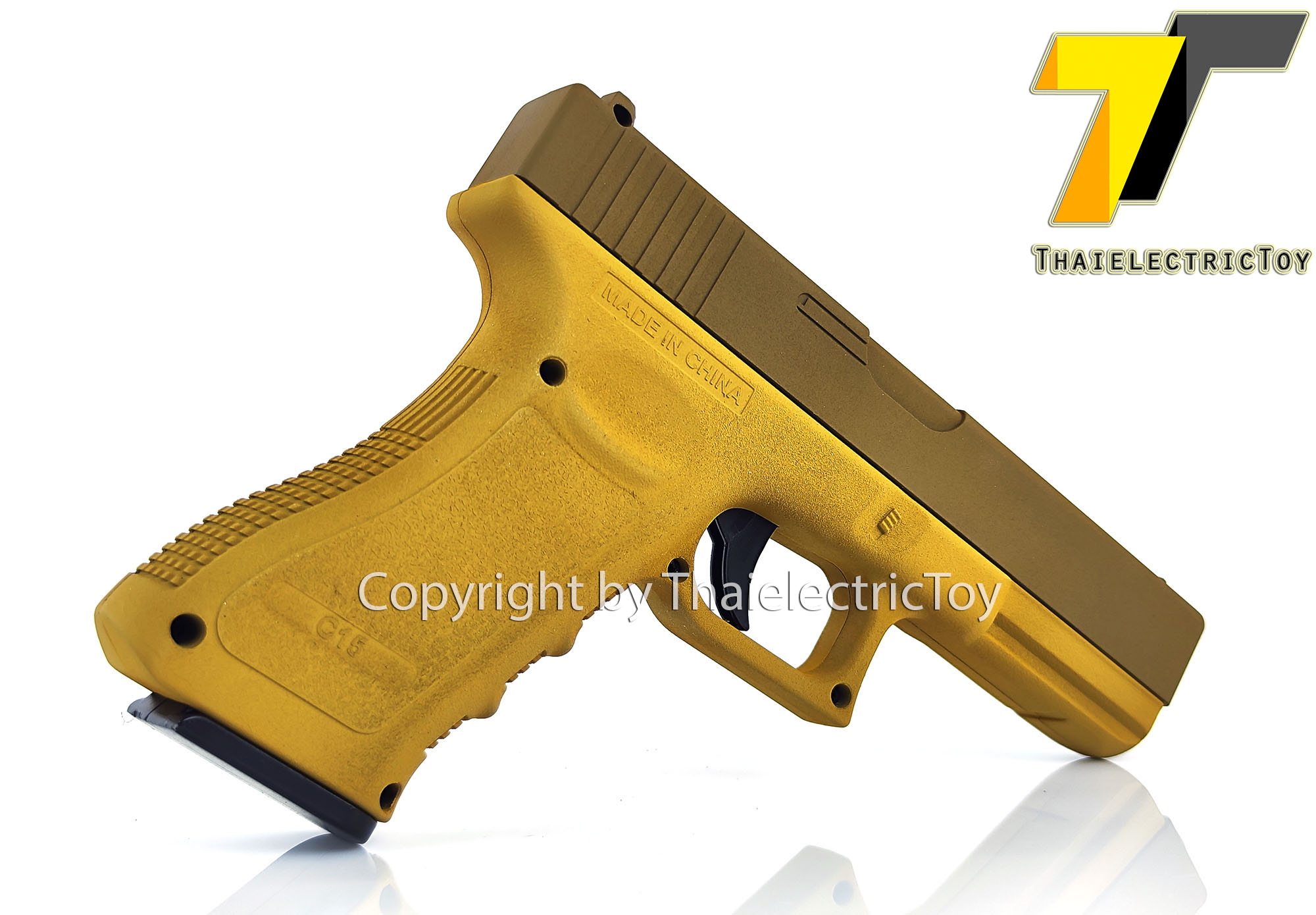 ปืนอัดลมเหล็ก Glock 17 สีทูโทน ชักยิงทีล่ะนัด ลำกล้องยาว 7 นิ้ว หนัก 668 กรัม ใช้ลูกกระสุนพลาสติก 6 มิล