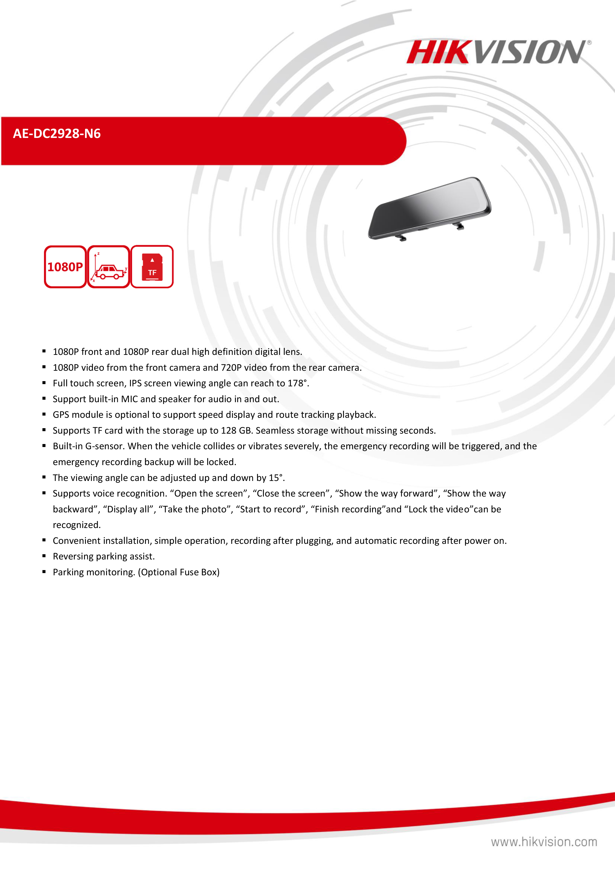 HIKVISION AE-DC2928-N6 DASHCAM N6 กล้องติดรถยนต์ ความละเอียด 2 ล้านพิกเซล BY BILLIONAIRE SECURETECH AE-DC2928-N6