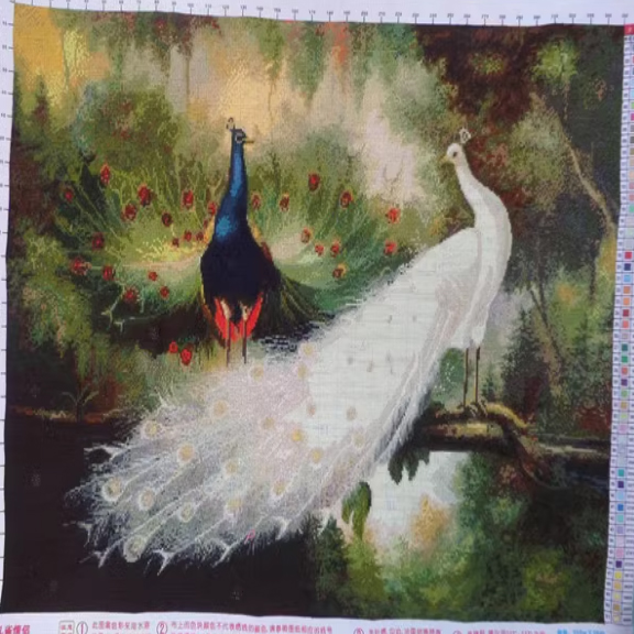 peacock-1033 *สินค้าหมด* ชุดปักครอสติช ลายนกยูงคู่รำแพน (ปักเต็มผืนผ้า ไม่มีเดินเส้น ผ้า11CTพิมพ์ลาย ปัก 3 เส้นเล็ก) ขนาด 90*70 ซม. ผ้าครอสติช 11CTพิมพ์ลายปักเต็มลายผ้า ไหมคอตตอน 50 สี ผังลาย เข็ม