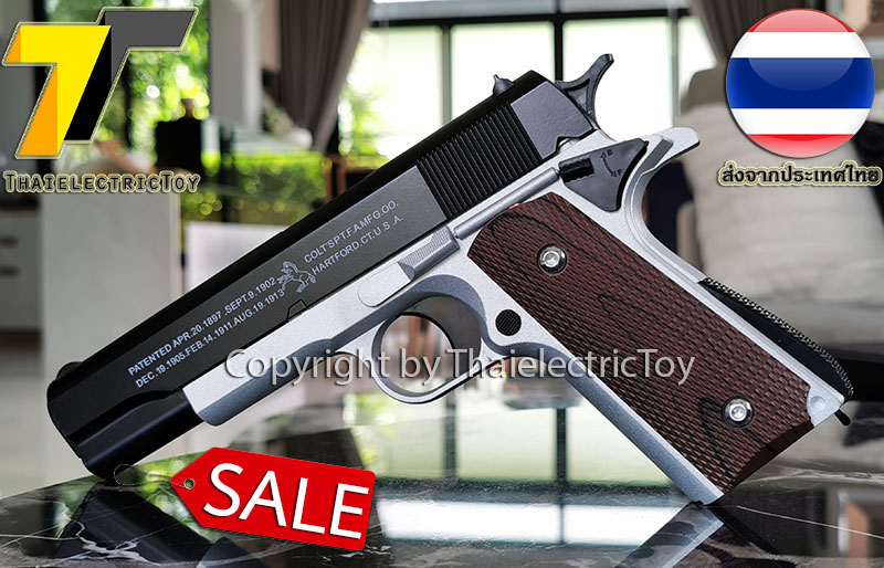 ปืนอัดลมเหล็ก ชักยิงทีล่ะนัด Colt 1911 สีทูโทน ลำกล้องยาว 7.5 นิ้ว นกสับได้ เซพตี้สไลน์ แมคเหล็ก หนัก 588 กรัม ใช้ลูกกระสุนพลาสติก 6 มิล