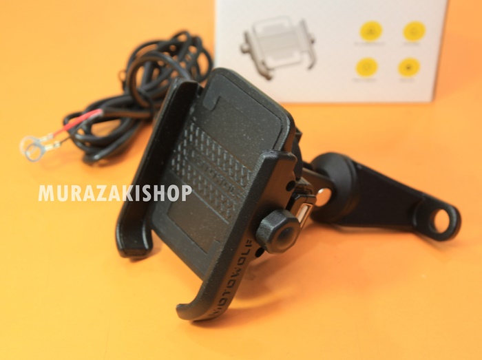 ขายึดจับโทรศัพท์อลูมิเนียมติดรถจักรยานยนต์ มีข่อง USB สีดำ