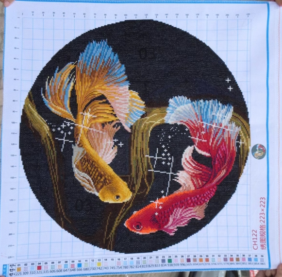 pla-1102 *สินค้าหมด* ชุดปักครอสติช ลายคู่ปลากัด (ปักเต็มผืนผ้า ไม่มีเดินเส้น ผ้า11CTพิมพ์ลาย ปัก 3 เส้นเล็ก) ขนาด 60*60 ซม.ผ้าครอสติช 11CTพิมพ์ลายปักบนผ้า ไหมคอตตอน 32 สี ผังลาย เข็ม