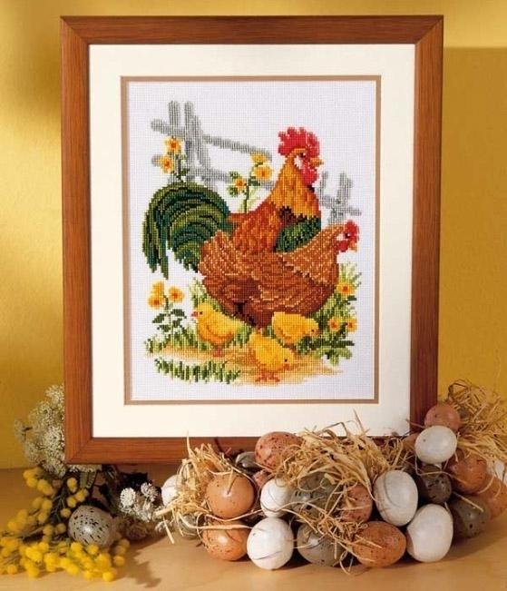 kai-1023 *สินค้าหมด* ชุดปักครอสติช ลายครอบครัวไก่ (ไม่มีเดินเส้น ผ้า11CTพิมพ์ลาย ปัก 3 เส้นเล็ก) ขนาด 39*45 ซม.ผ้าครอสติช 11CTพิมพ์ลายปักบนผ้า+ไหมคอตตอน 28 สี+ผังลาย+เข็ม