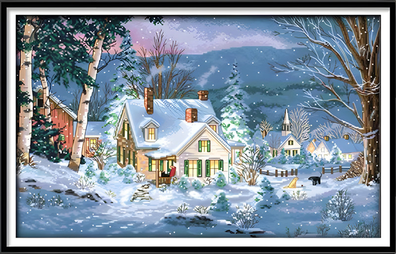 home-1100 *สินค้าหมด* ชุดปักครอสติช ลายหิมะในคืนคริสต์มาส (ปักเต็มผืนผ้า ไม่มีเดินเส้น ผ้า11CT พิมพ์ลาย ปัก 3 เส้นเล็ก) ขนาด 70*50 ซม.ผ้าครอสติช 11CTพิมพ์ลายปักบนผ้า ไหมคอตตอน 40 สี ผังลาย เข็ม