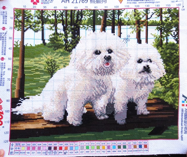 dog-1013 *พร้อมส่ง* ชุดปักครอสติช ลายคู่น้องหมา (ไม่มีเดินเส้น ผ้า11CTพิมพ์ลาย ปัก 3 เส้นเล็ก) ขนาด 49*35 ซม.ผ้าครอสติช 11CTพิมพ์ลายปักบนผ้า ไหมคอตตอน 24 สี ผังลาย เข็ม