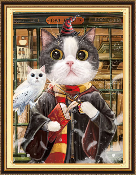 cat-1106 *สินค้าหมด* ชุดปักครอสติช ลายเหมียวพอตเตอร์ (ปักเต็มผืนผ้า ไม่มีเดินเส้น ผ้า11CTพิมพ์ลาย ปัก 3 เส้นเล็ก) ขนาด 50*63 ซม.ผ้าครอสติช 11CTพิมพ์ลายปักบนผ้า ไหมคอตตอน 42 สี ผังลาย เข็ม