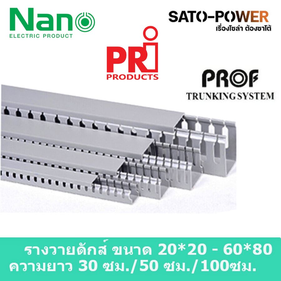 รางวายดัก NANO/PRI/PROF ขนาด 20*20/30*30/40*40/40*60/60*40/60*60/60*80 ยาว 30ซม./50ซม./99ซม. รางเก็บสายไฟ สีเทา