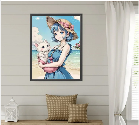 lady-1057 *พร้อมส่ง* ชุดปักครอสติช ลายสาวน้อยกับน้องแมว (ปักเต็มผืนผ้า ไม่มีเดินเส้น ผ้าพิมพ์ลาย 9CT ปัก 4 เส้นเล็ก) ขนาด 60*85 ซม.ผ้าครอสติช 9CTพิมพ์ลายปักบนผ้า ไหมคอตตอน 33 สี ผังลาย เข็ม