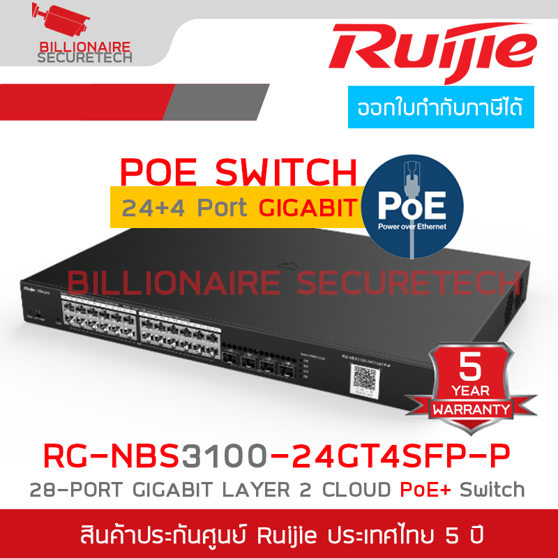 RUIJIE RG-NBS3100-24GT4SFP-P L2 Cloud Managed POE Switch, 24 Port Gigabit POE+, 4 Port SFP, 370W BY BILLIONAIRE SECURETECH RG-NBS3100-24GT4SFP-P
