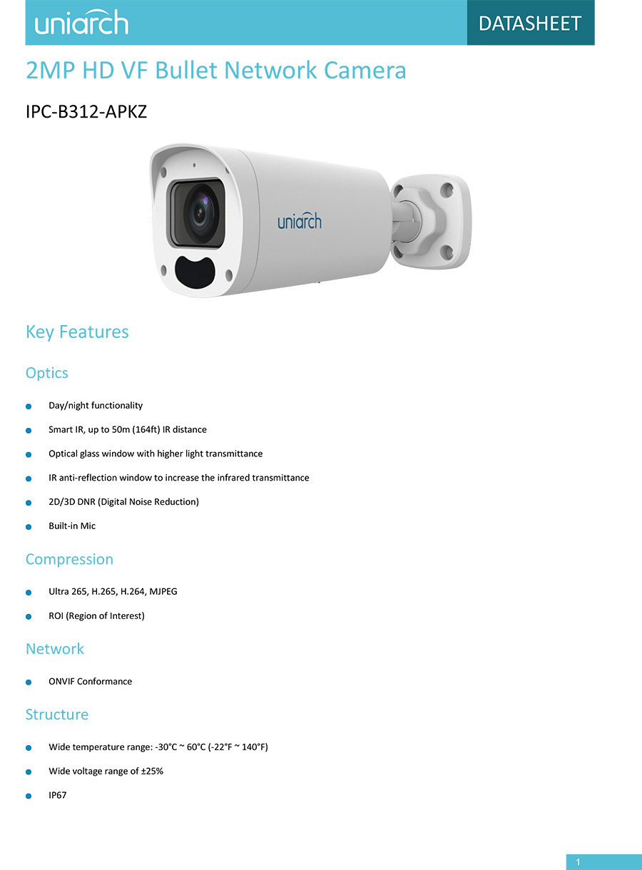 UNIARCH IPC-B312-APKZ (2.8-12mm.) กล้องวงจรปิด IP CAMERA 2MP เลนส์ซูมได้ PoE มีไมค์ในตัว ONVIF BY BILLIONAIRE SECURETECH IPC-B312-APKZ