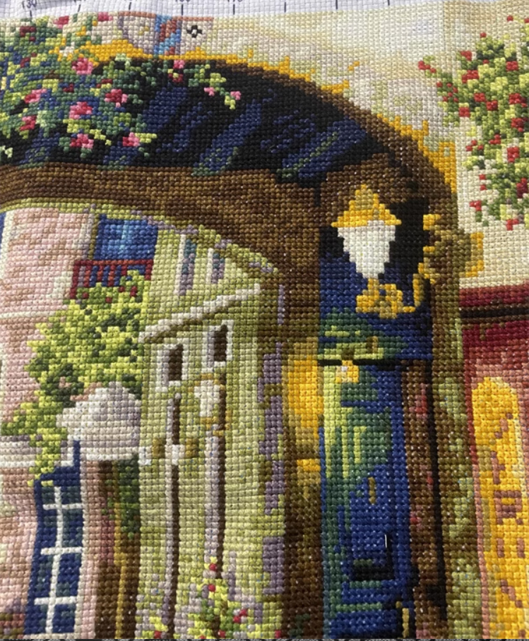 view-1143 *สินค้าหมด* ชุดปักครอสติช ลายร้านกาแฟริมทาง (ปักเต็มผืนผ้า ผ้า11CTพิมพ์ลาย ปัก 3 เส้นเล็ก) ขนาด 70*55 ซม.ผ้าครอสติช 11CTพิมพ์ลายปักบนผ้า ไหมคอตตอน 44 สี ผังลาย เข็ม