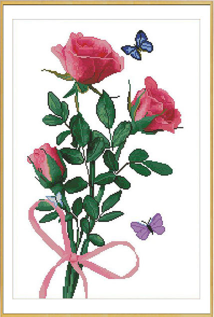 rose-1021 *สินค้าหมด* ชุดปักครอสติช ลายช่อกุหลาบกับผีเสื้อ (ไม่มีเดินเส้น ผ้า11CTพิมพ์ลาย ปักครั้งละ 3 เส้นเล็ก) ขนาด 48*68 ซม.ผ้าครอสติช 11CTพิมพ์ลายปักบนผ้า ไหมคอตตอน 27 สี ผังลาย เข็ม