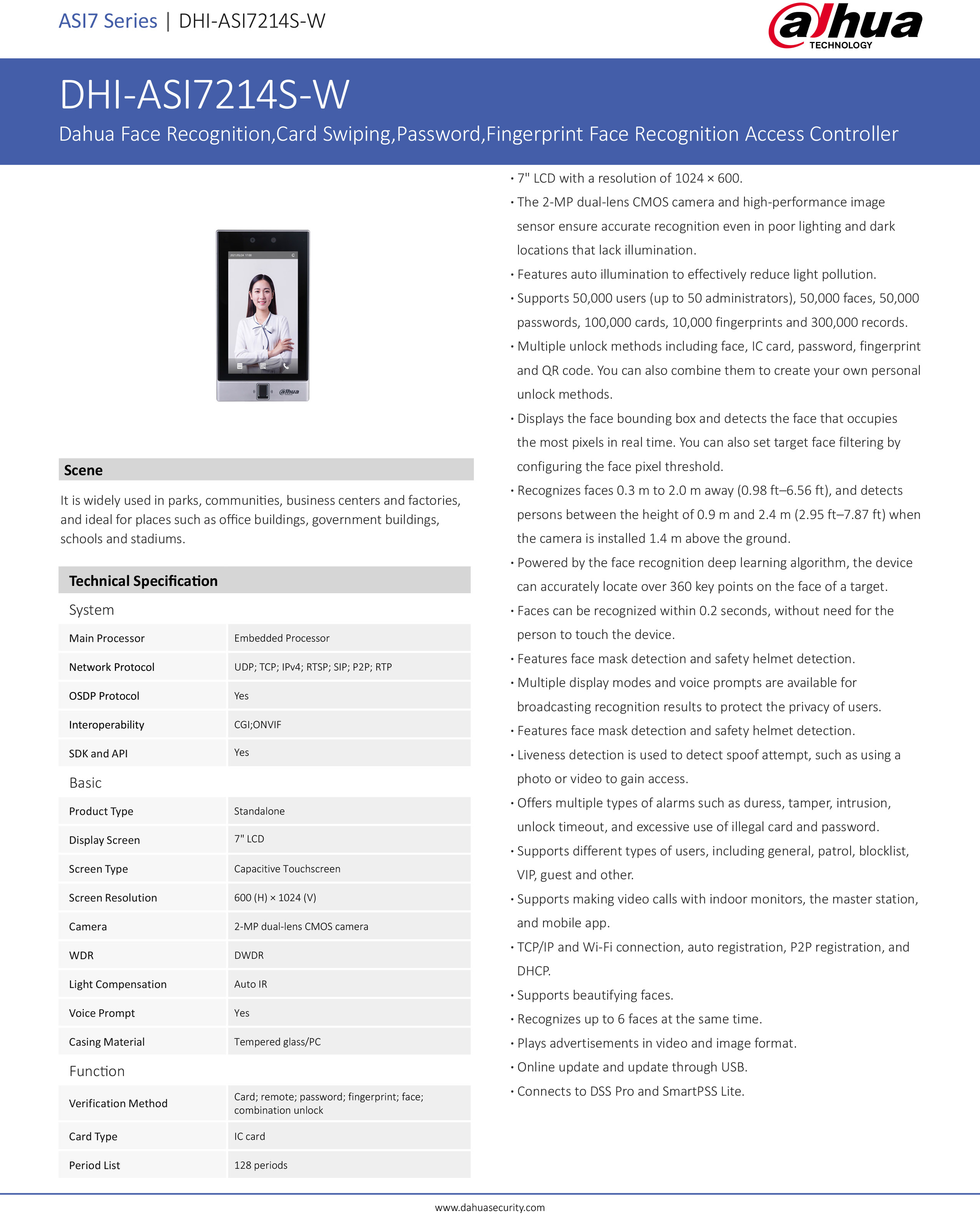 DAHUA ASI7214S-W : 7 inch LCD Face Recognition,Card Swiping,Password,Fingerprint Face Recognition Access Controller BY BILLIONAIRE SECURETECH ASI7214S-W