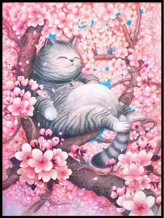 cat-1141 *สินค้าหมด* ชุดปักครอสติช ลายแมวน้อยซากุระ (ปักเต็มผืนผ้า ไม่มีเดินเส้น ผ้า11CTพิมพ์ลาย ปัก 3 เส้นเล็ก) ขนาด 50*65 ซม.ผ้าครอสติช 11CTพิมพ์ลายปักบนผ้า ไหมคอตตอน 30 สี ผังลาย เข็ม