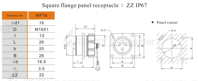 คอนเนคเตอร์ต่อสายไฟ WF16 2pole #2sqmm 10A box mounting IP67 "WF16K2ZZ" female poles