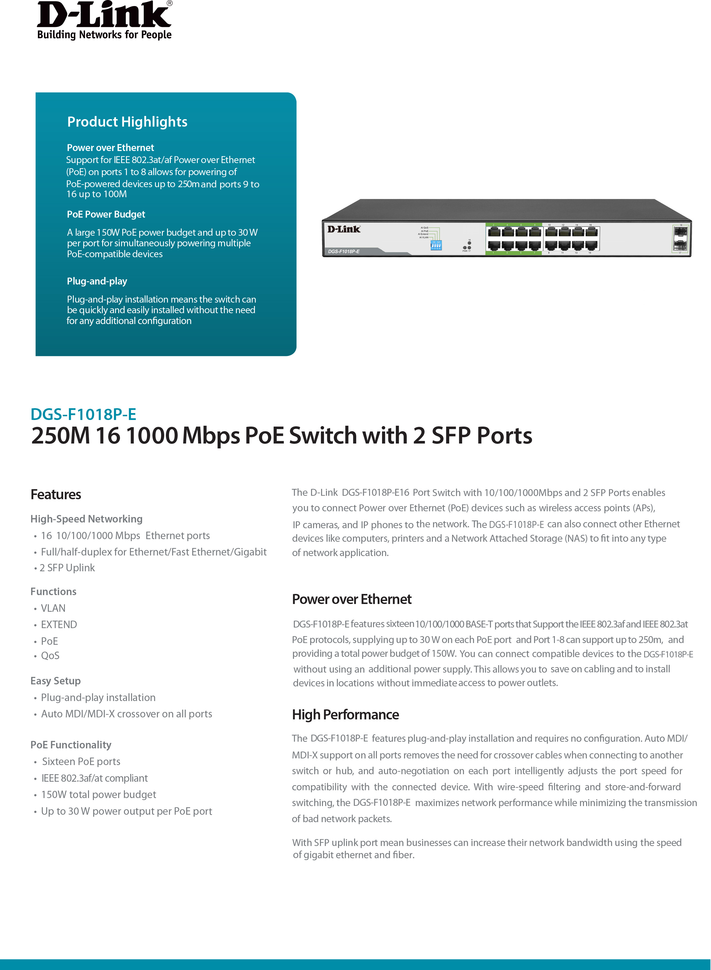 D-LINK DGS-F1018P-E : 250M 18-Port Unmanaged Gigabit Switch with 16 PoE Ports (150W) and 2 SFP Uplink Ports BY BILLIONAIRE SECURETECH DGS-F1018P-E