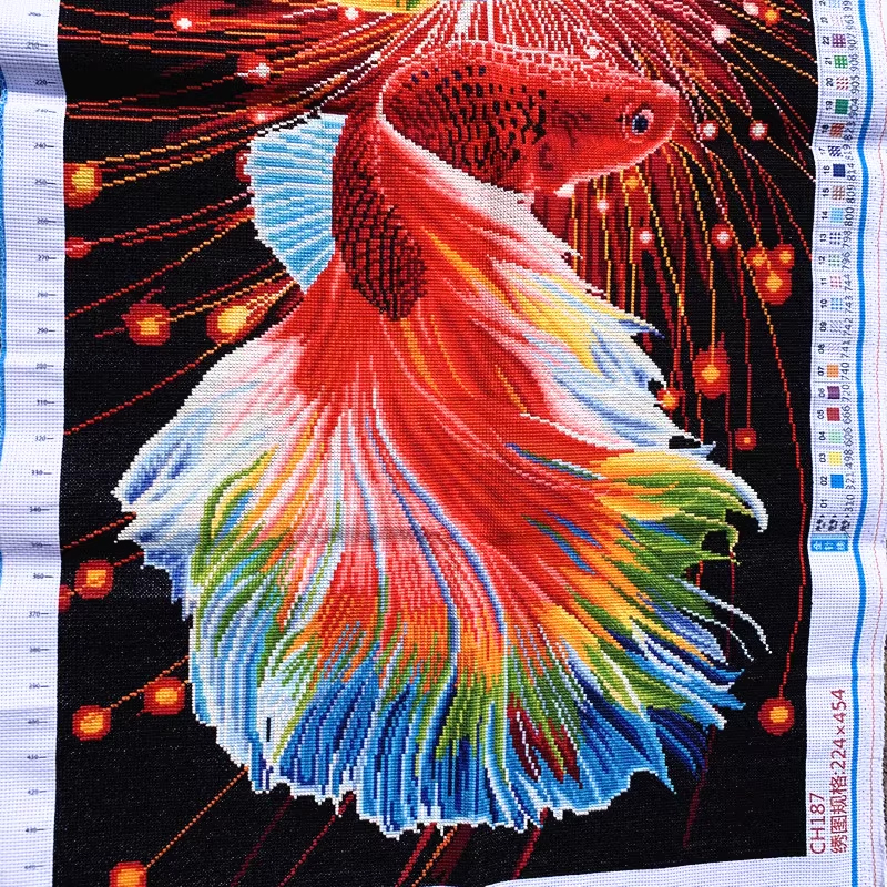 pla-1027 *พร้อมส่ง* ชุดปักครอสติช ลายคู่ปลากัด (ปักเต็มผืนผ้า ไม่มีเดินเส้น ผ้า11CTพิมพ์ลาย ปัก 3 เส้นเล็ก ) ขนาด 50*85 ซม.ผ้าครอสติช 11CTพิมพ์ลายปักบนผ้า ไหมคอตตอน 28 สี ผังลาย เข็ม