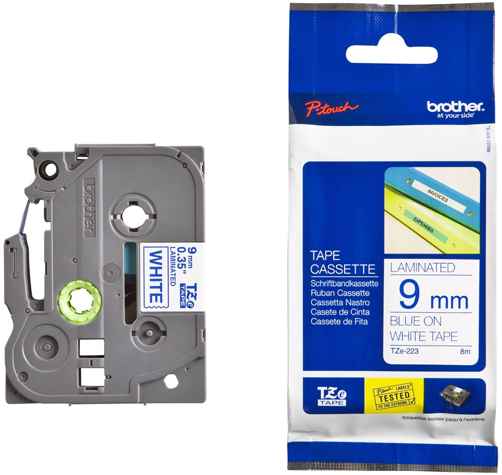 เทปพิมพ์อักษร BROTHER 9 mm. - อักษรน้ำเงินพื้นขาว TZE-223