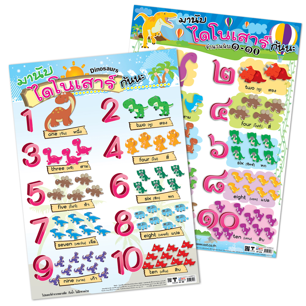 English-Thai Dinosaurs Counting Numbers Educational Posters