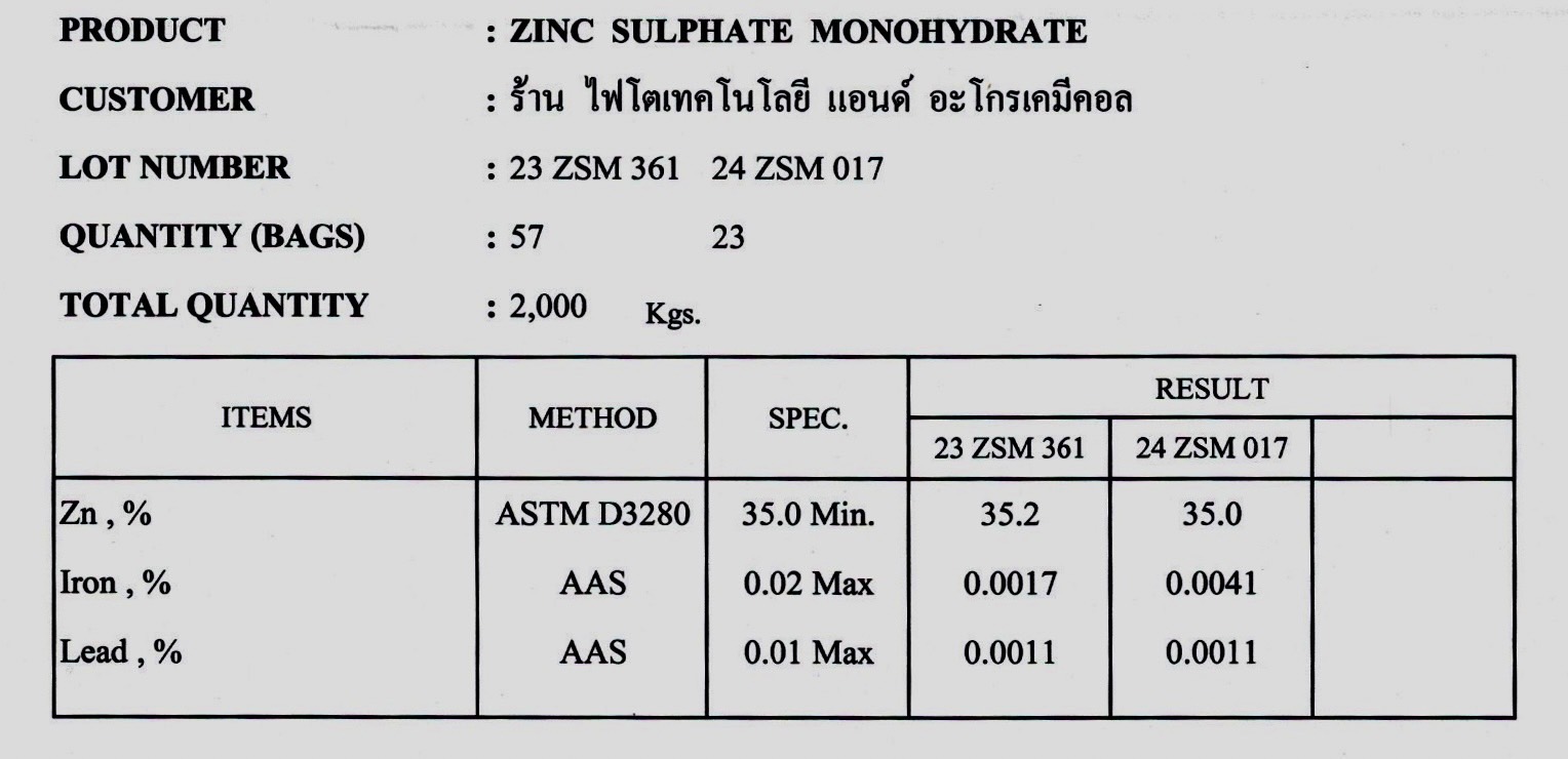ZnSO4.H2O Zinc Sulphate monohydrate ซิงค์ซัลเฟต UTIDS เกรดอุตสาหกรรม (ประกอบด้วยธาตุ Zn 35%) บรรจุ 1 กิโลกรัม (R)