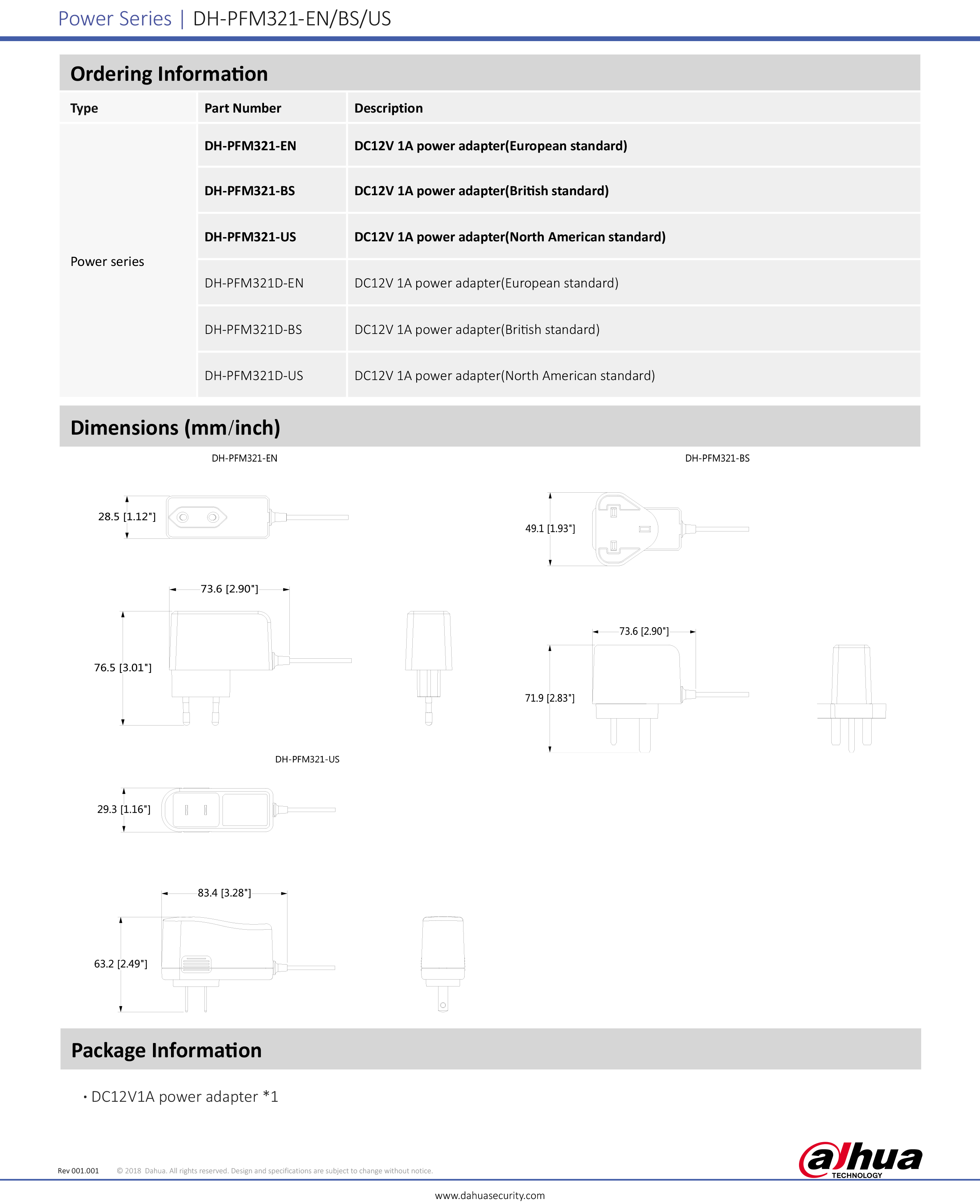DAHUA DH-PFM321-US ADAPTOR สำหรับกล้องวงจรปิด 12V 1A BY BILLIONAIRE SECURETECH DH-PFM321-US
