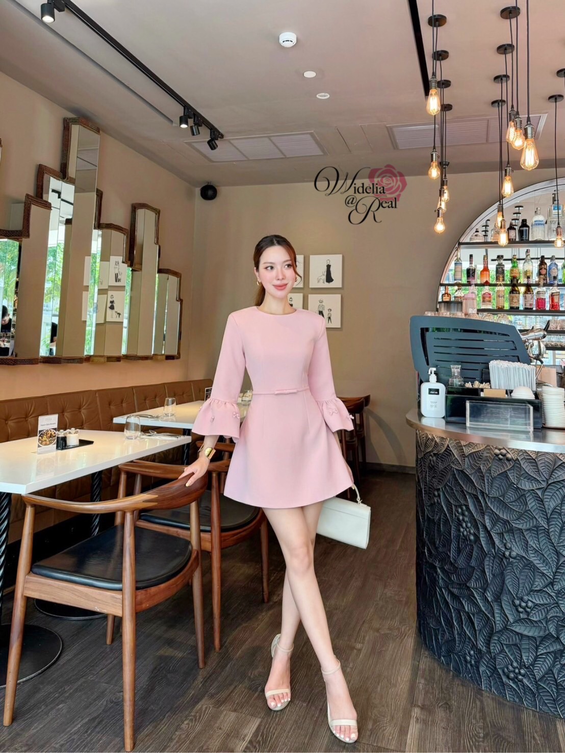 Korea Dress เดรสแขนระบาย เอวแต่งเข็มขัดโบว์เส้นเล็ก