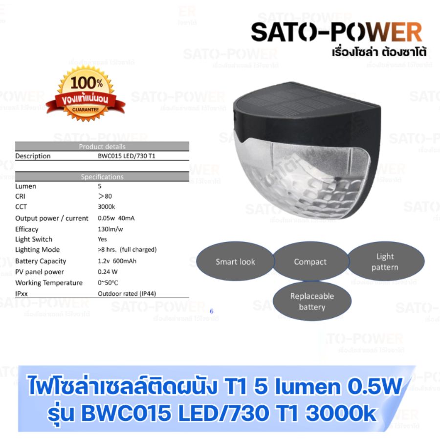 PHILIPS โคมไฟติดผนัง โซล่าเซลล์ | รุ่น BWC015 LED/730 T1 0.5W | ESSENTIAL SMARTBRIGHT SOLAR DECORATIVE | พลังงานแสงอาทิตย์ ไฟทางเดิน ไฟติดกำแพง กันน้ำ