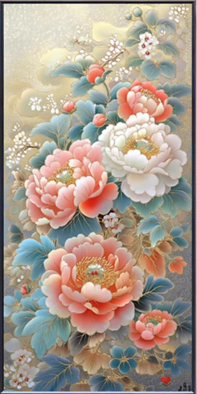 botan-1053 *สินค้าหมด* ชุดปักครอสติช ลายช่อโบตั๋น (ปักเต็มผืนผ้า ไม่มีเดินเส้น ผ้า11CT พิมพ์ลาย ปัก 3 เส้นเล็ก) ขนาด50*75 ซม.ผ้าครอสติช 11CTพิมพ์ลายปักบนผ้า ไหมคอตตอน 32 สี ผังลาย เข็ม