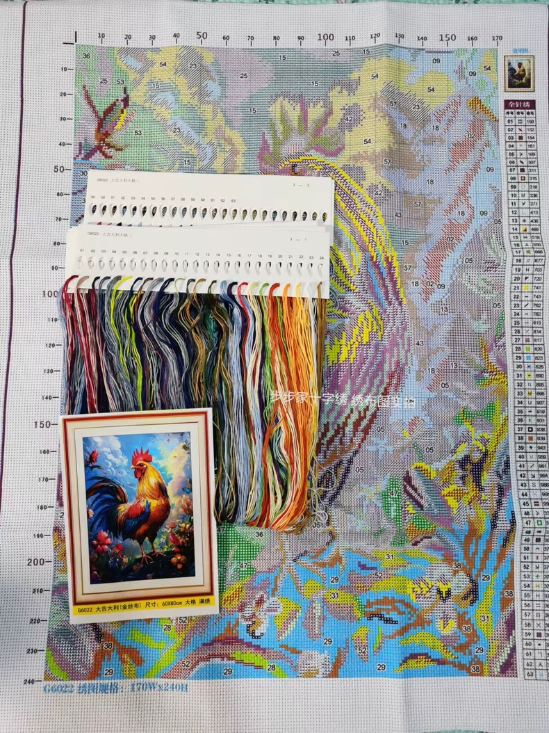 kai-1103 *สินค้าหมด* ชุดปักครอสติช ลายไก่มงคล (ปักเต็มผืนผ้า ไม่มีเดินเส้น ผ้า11CTพิมพ์ลาย มีประกาย ปัก 3 เส้นเล็ก) ขนาด 50*68 ซม.ผ้าครอสติช 11CTพิมพ์ลายปักบนผ้า ไหมคอตตอน 63 สี ผังลาย เข็ม