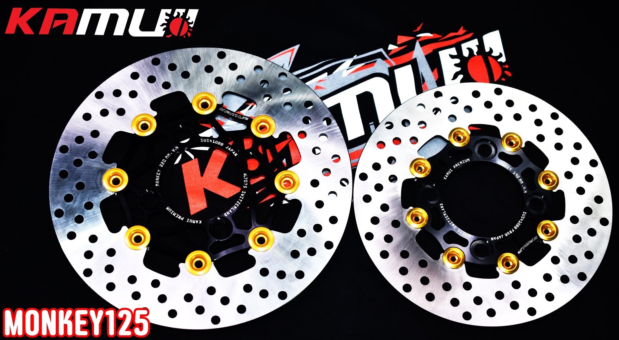 จานดิสก์monkey125 KAMUI ราคาชุดละ6000 หน้า 220 มิล.+หลัง 190 มิล. ลาย POWER-SLOT V.4 ข้อดีของจาน Floating - จานดิสก์ สแตนเลส 410BB จาก ญี่ปุ่น ผ่านการชุบแข็ง - อลูมิเนียม 7075 T651 จาก สวิตเซอร์แลนด์ - ใส่ปั๊ม Brembo ไม่ติดหมุด ไม่ต้องตัดผ้าเบรค - จับหน้า